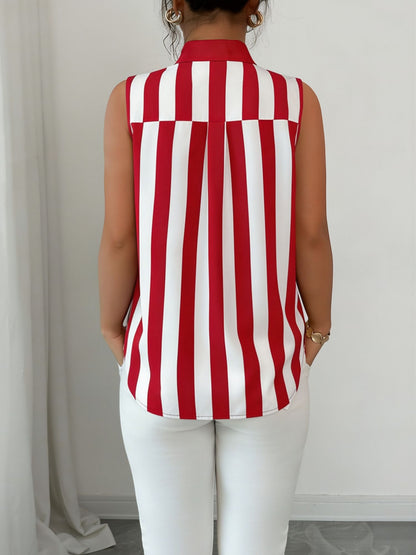 Casual Sleeveless Striped Colorblock Button Down Blouse