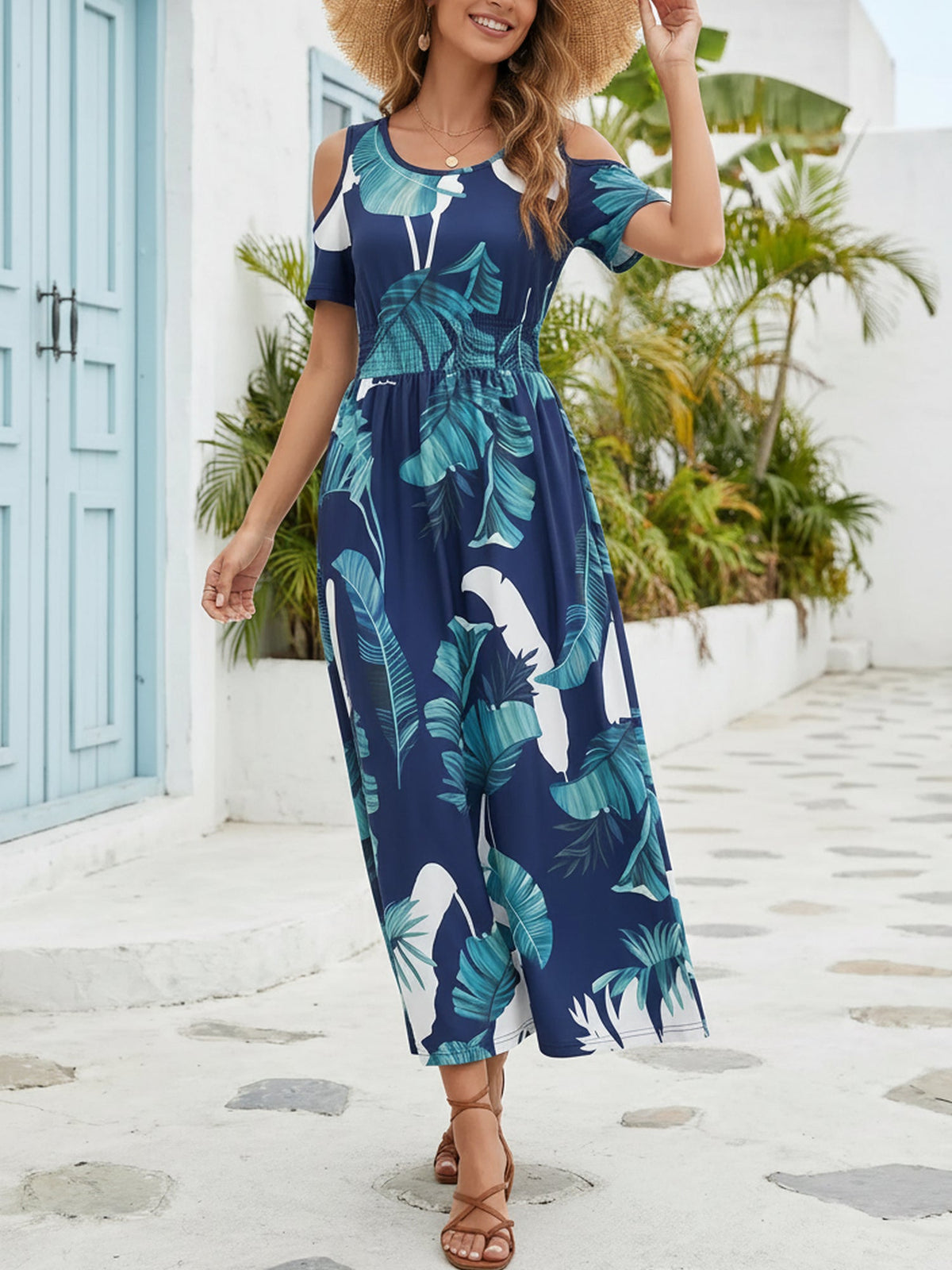 Cold Shoulder Round Neck A-Line Midi Printed Dress