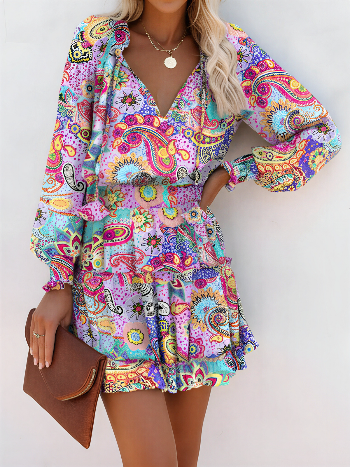 Ruffled Printed V-Neck Fitted Long Sleeve Tiered Dress