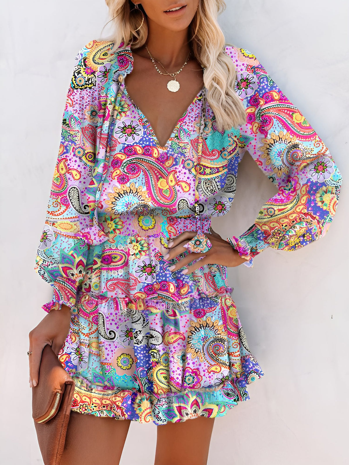 Ruffled Printed V-Neck Fitted Long Sleeve Tiered Dress