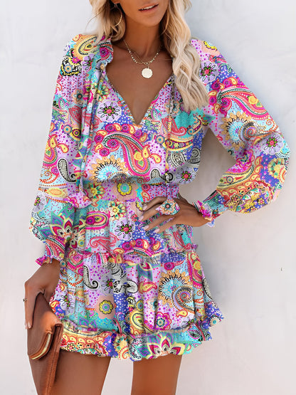 Ruffled Printed V-Neck Fitted Long Sleeve Tiered Dress