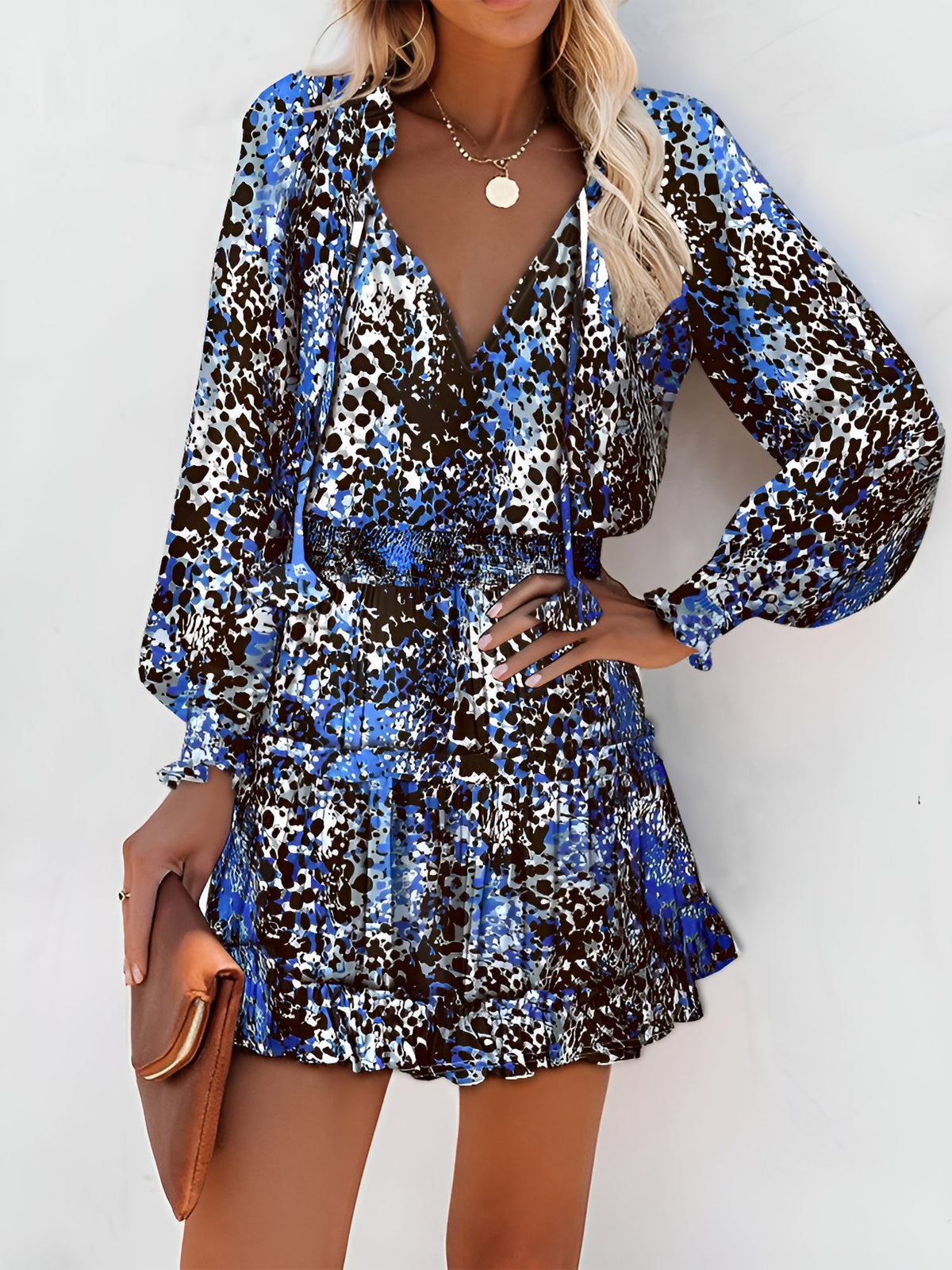 Ruffled Printed V-Neck Fitted Long Sleeve Tiered Dress