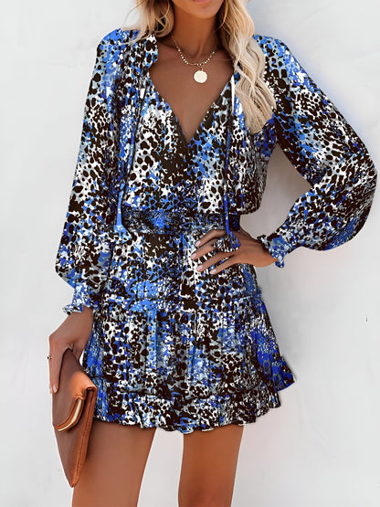 Ruffled Printed V-Neck Fitted Long Sleeve Tiered Dress