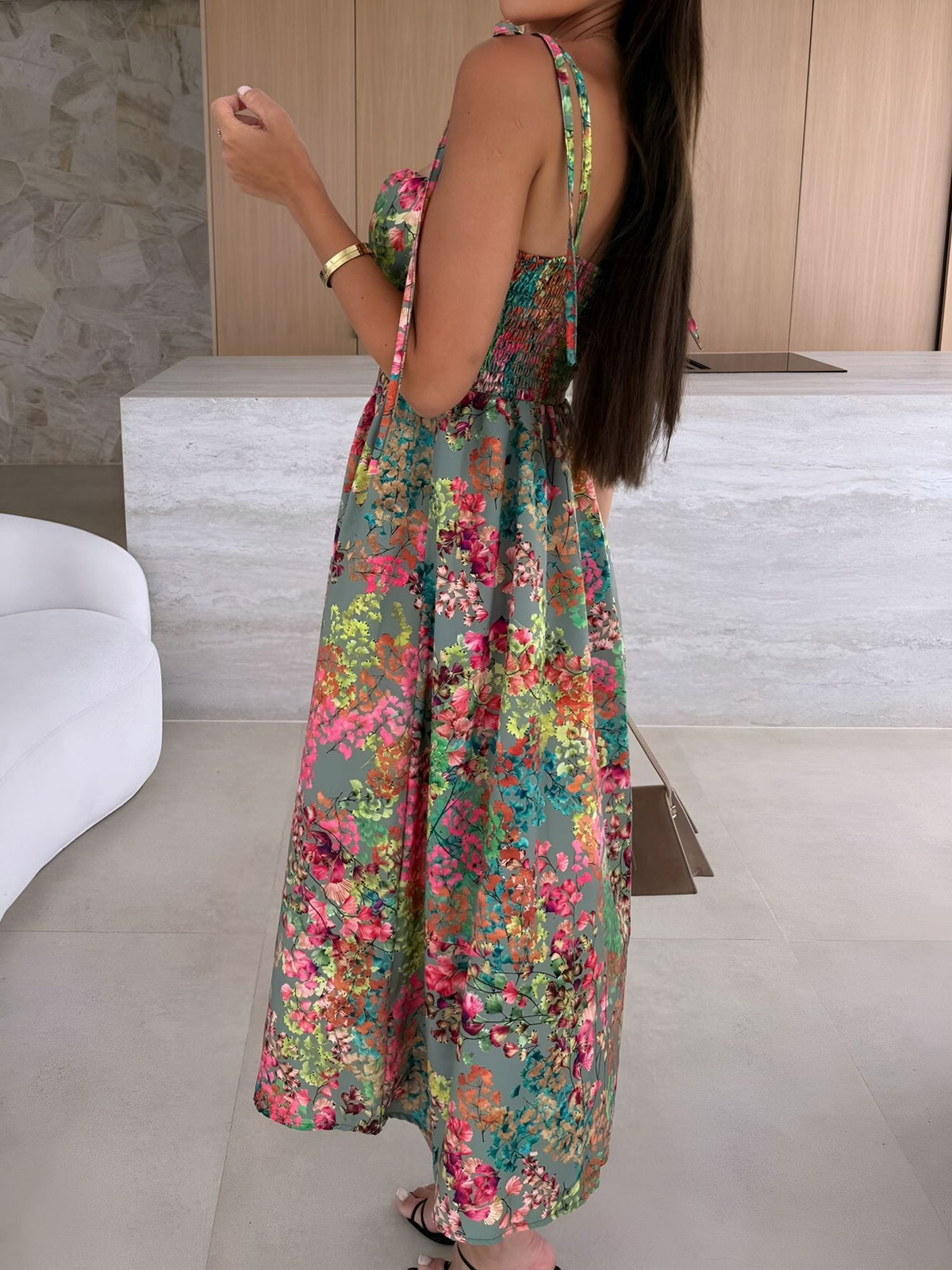 Spaghetti Strap Smocked Backless Printed A-Line Dress
