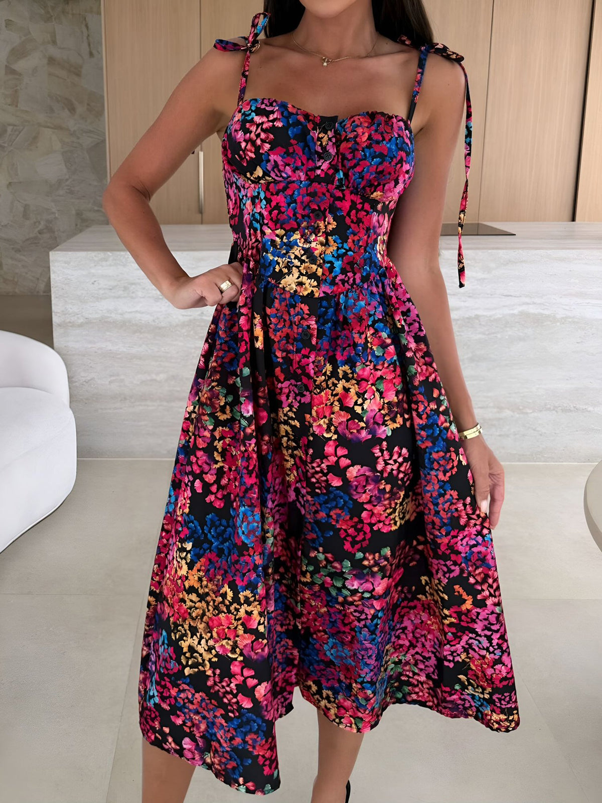 Spaghetti Strap Smocked Backless Printed A-Line Dress