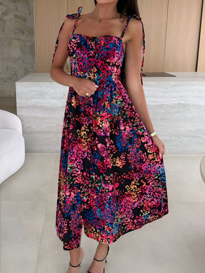 Spaghetti Strap Smocked Backless Printed A-Line Dress