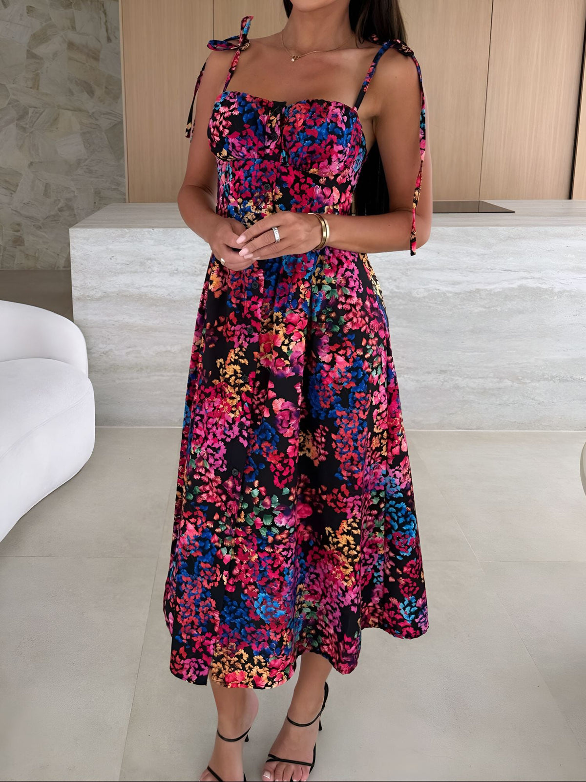 Spaghetti Strap Smocked Backless Printed A-Line Dress