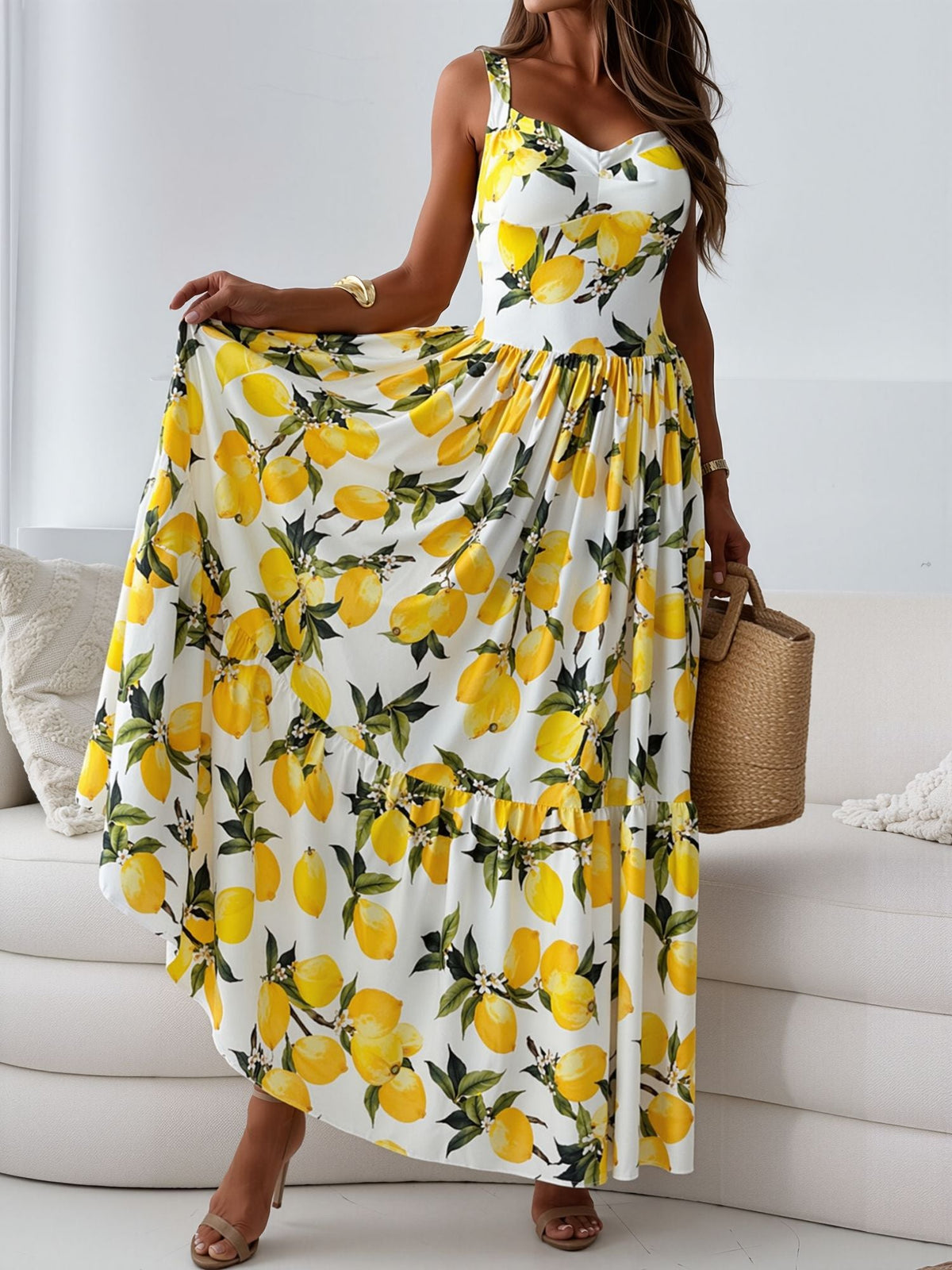Lemon Printed Strap Smocked Back Tiered Dress