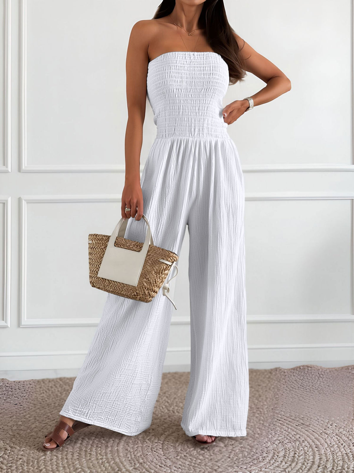 Strapless Smocked Textured Wide Legs Jumpsuit