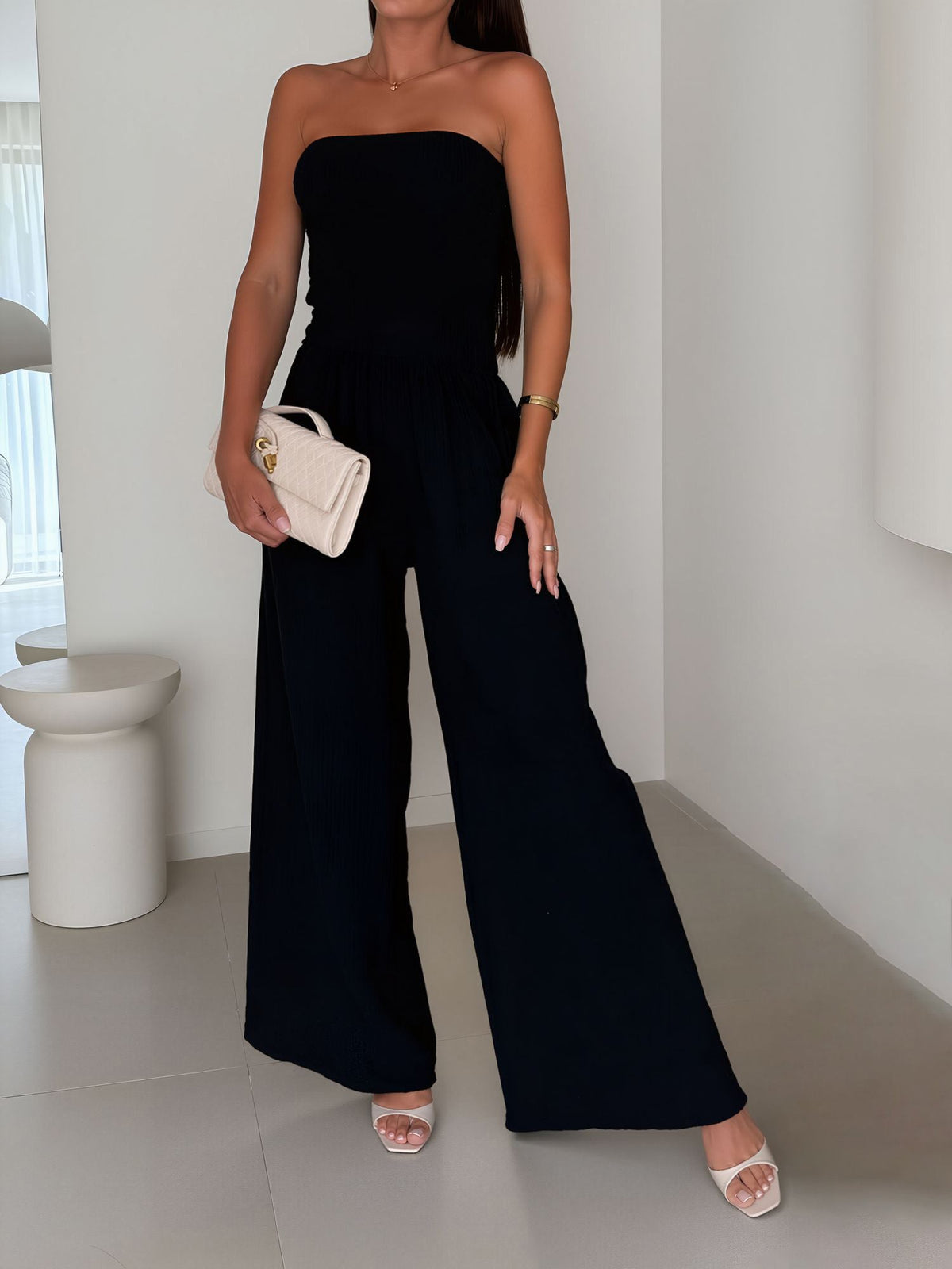Strapless Smocked Textured Wide Legs Jumpsuit