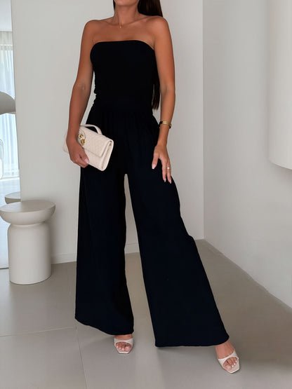 Strapless Smocked Textured Wide Legs Jumpsuit