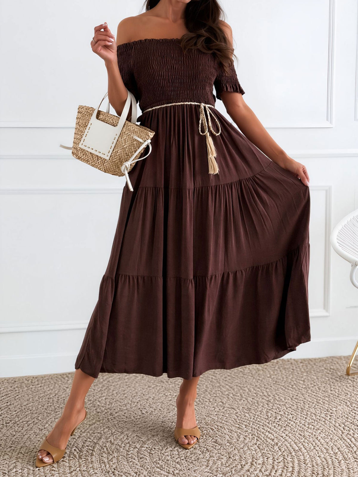 Off Shoulder Short Sleeve Smocked Tiered Midi Dress