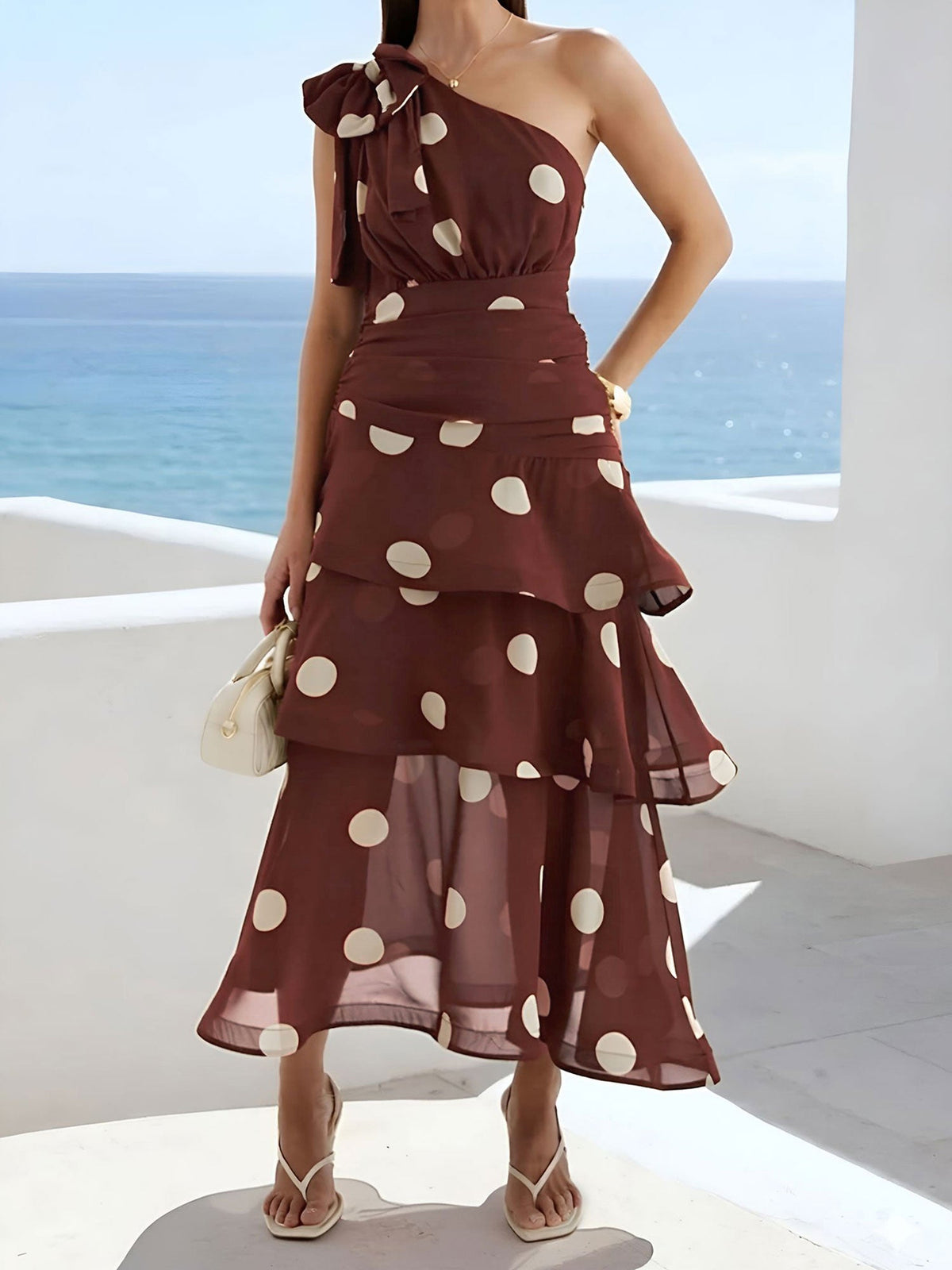 One Shoulder Ruched Polka Dot Ruffle Layered Dress