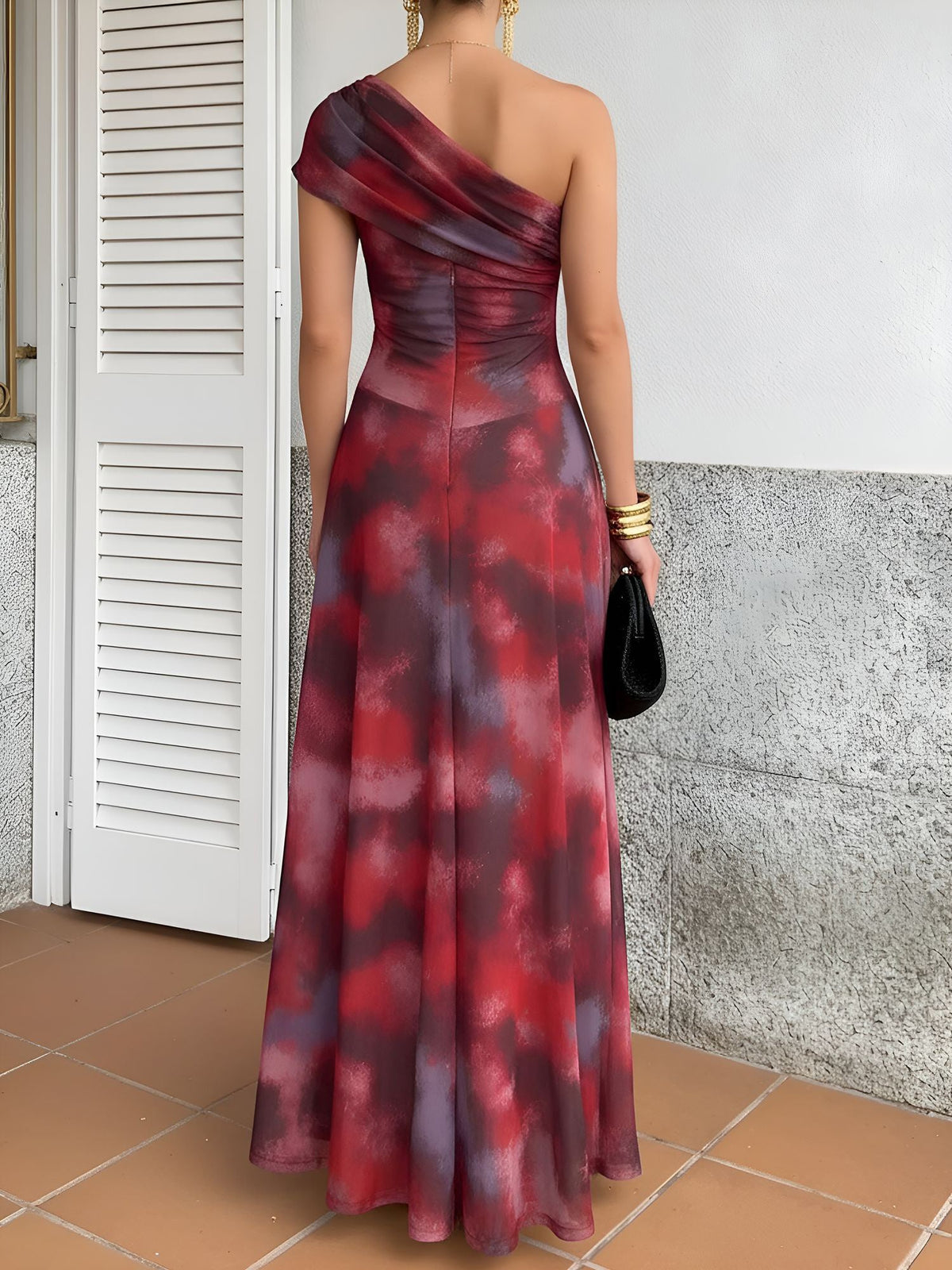 Printed Mesh One Shoulder Ruched Maxi A-Line Dress
