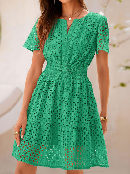 Eyelet Notch Neck Short Sleeve A-Line Dress