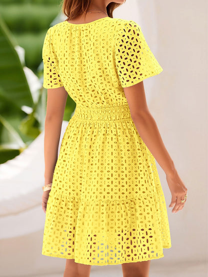 Eyelet Notch Neck Short Sleeve A-Line Dress