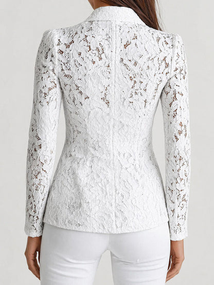 Lace Notch Lapel One Button Sheer Long Sleeves Blazer