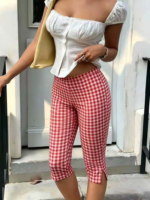 Gingham Polka Dots Casual Slim-Fit Capris Pants