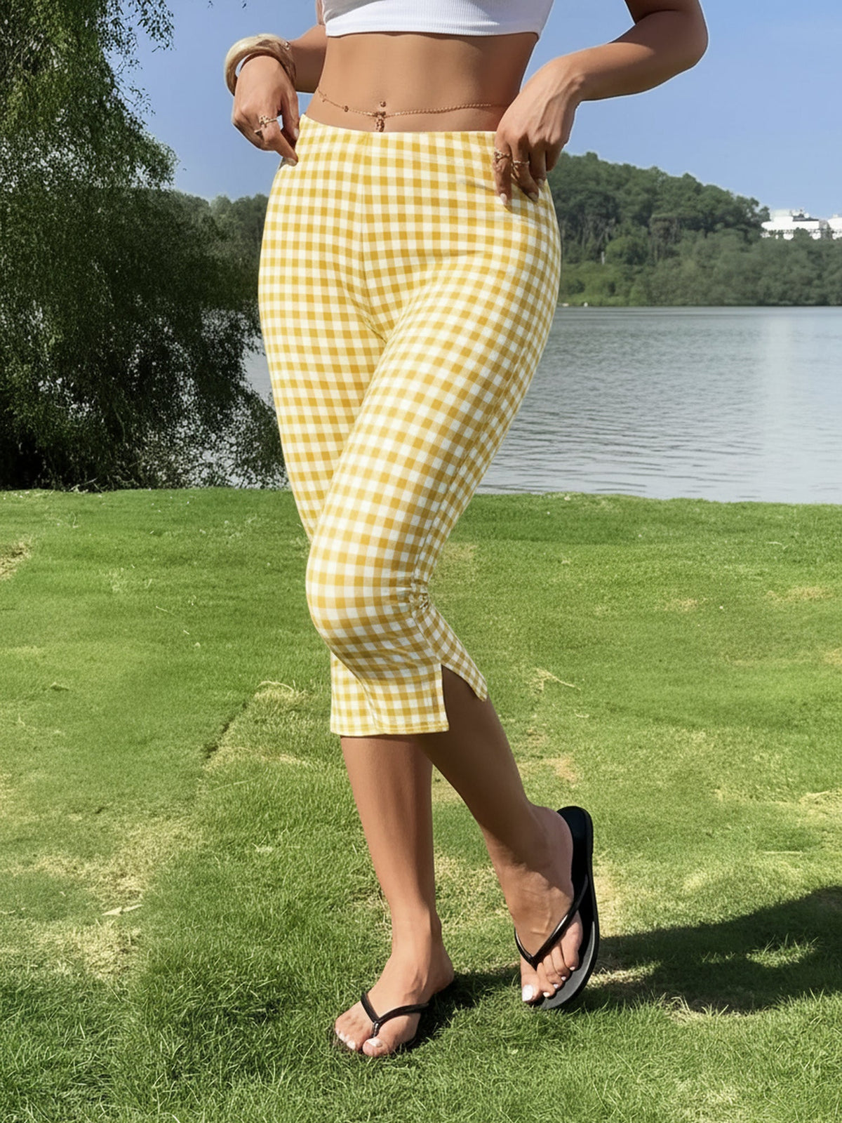 Gingham Polka Dots Casual Slim-Fit Capris Pants