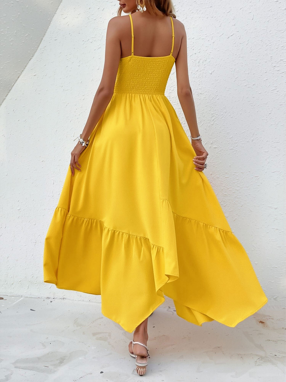 Spaghetti Strap Smocked Asymmetrical Hem Casual Dress