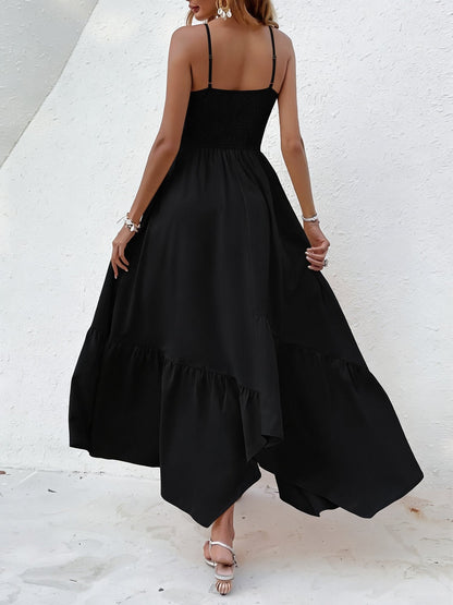Spaghetti Strap Smocked Asymmetrical Hem Casual Dress