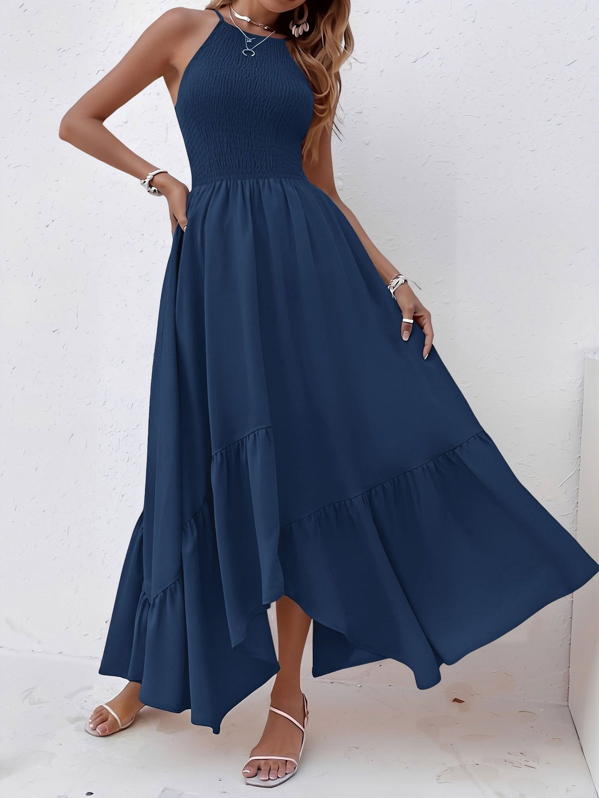 Spaghetti Strap Smocked Asymmetrical Hem Casual Dress