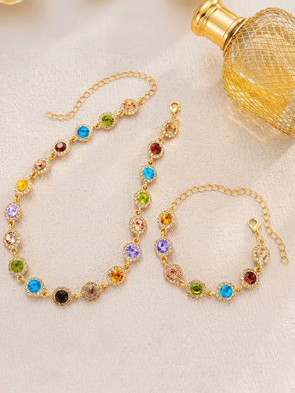2 Pieces Colorful Zirconia Stylish Bracelet and Necklace Set