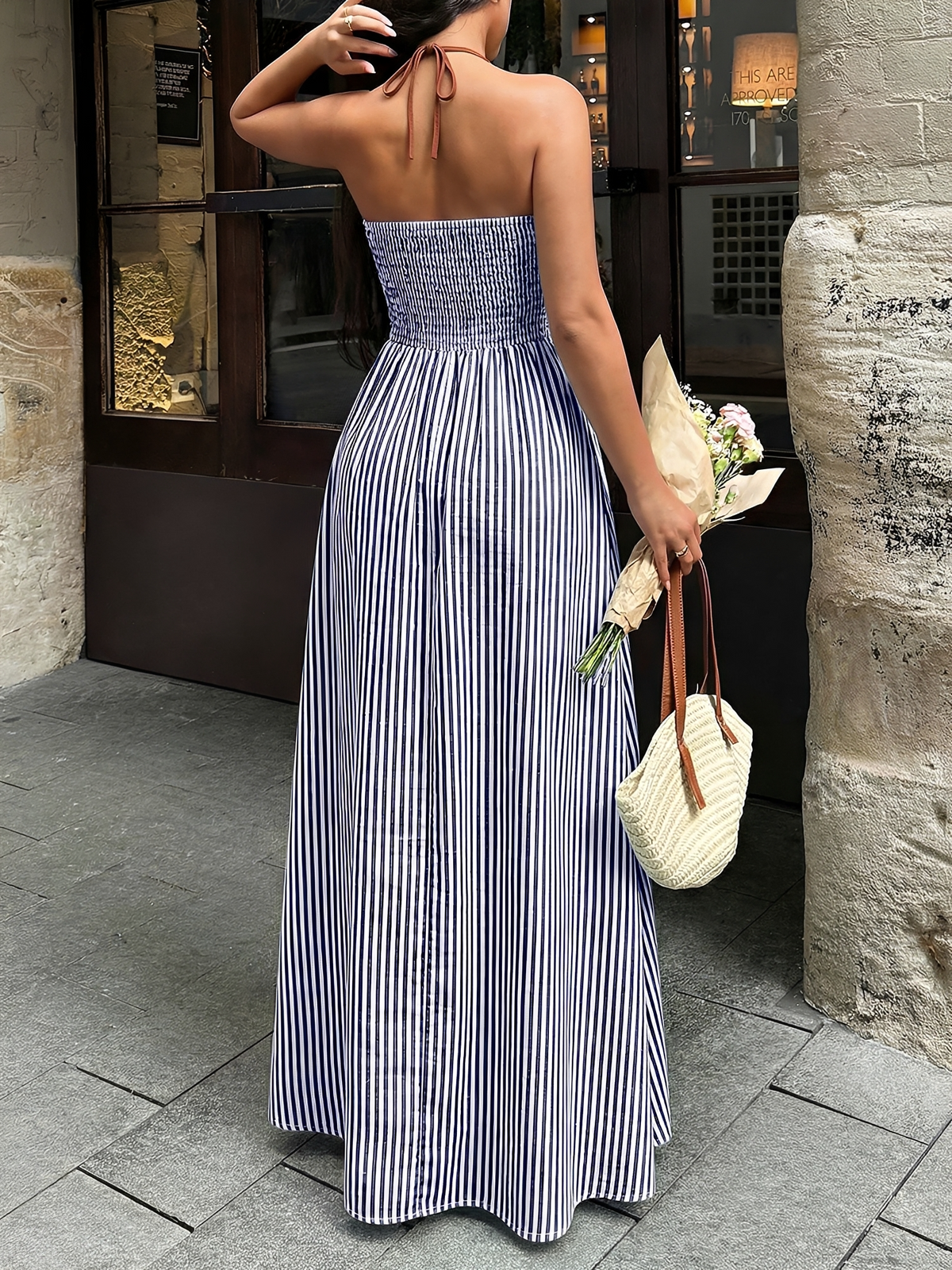 Striped Halter Neck Smocked Backless Resort Dress