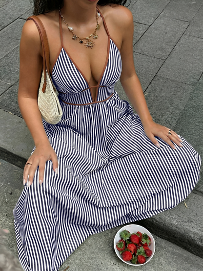 Striped Halter Neck Smocked Backless Resort Dress