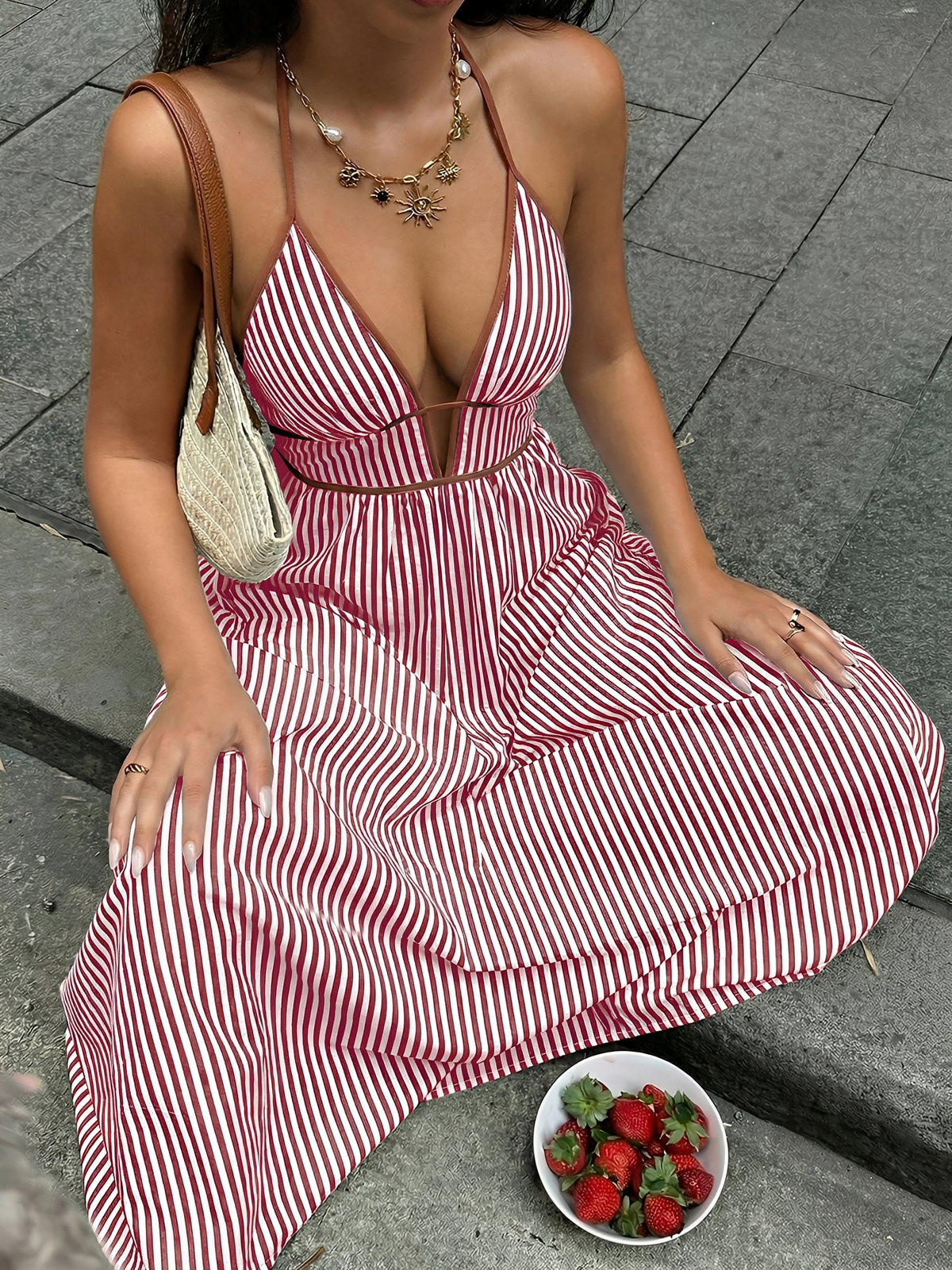Striped Halter Neck Smocked Backless Resort Dress