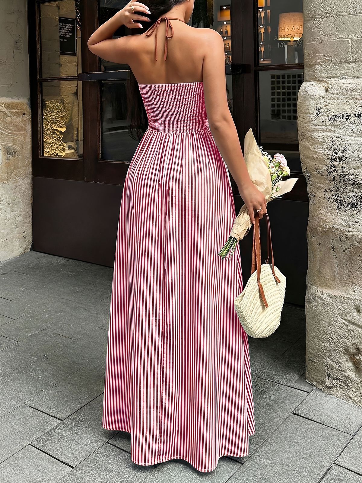 Striped Halter Neck Smocked Backless Resort Dress