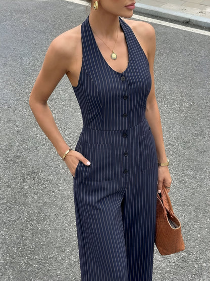 Striped Halter Neck Backless Sleeveless Jumpsuit