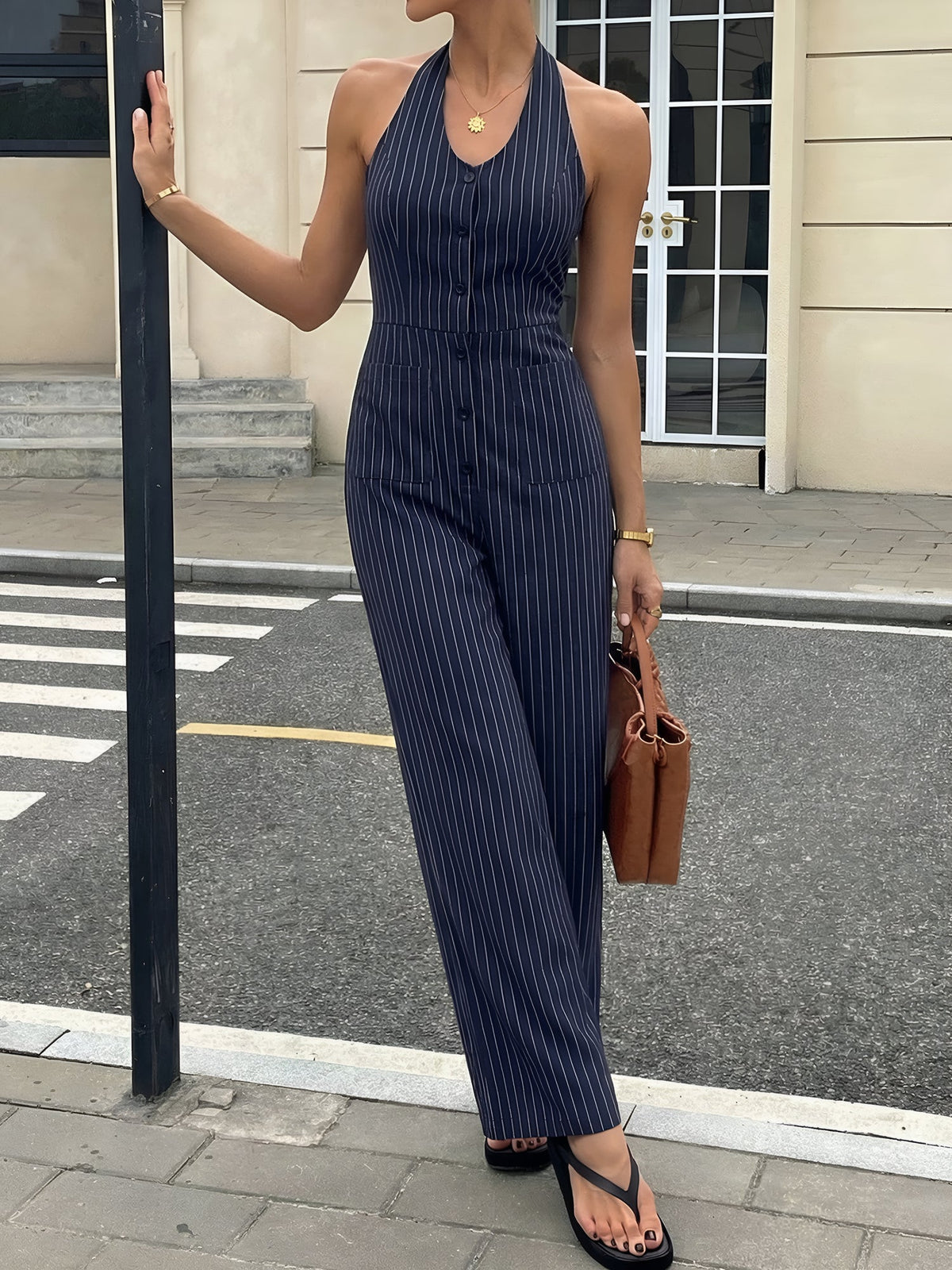 Striped Halter Neck Backless Sleeveless Jumpsuit