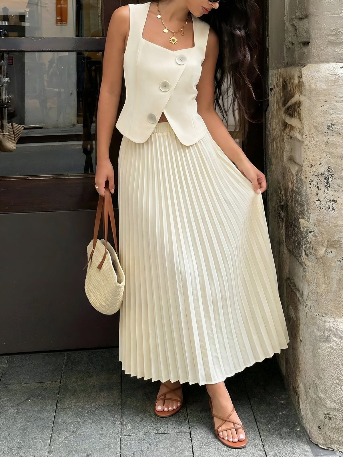 2 Pieces Sleeveless Buttoned Cropped Top & Pleated Maxi Skirt Matching Set