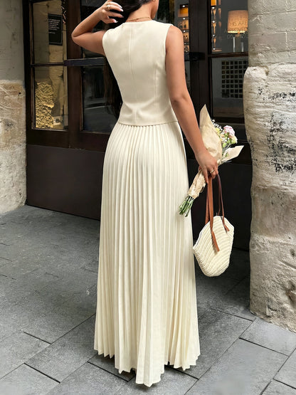 2 Pieces Sleeveless Buttoned Cropped Top & Pleated Maxi Skirt Matching Set