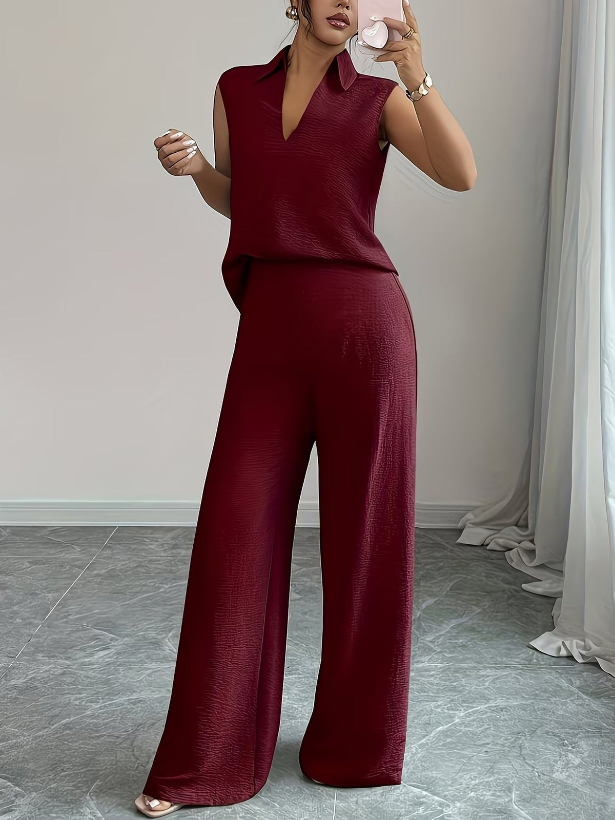 2 Pieces Collar Sleeveless Top & Loose Straight Leg Pants Matching Set