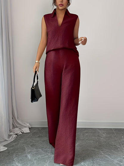 2 Pieces Collar Sleeveless Top & Loose Straight Leg Pants Matching Set
