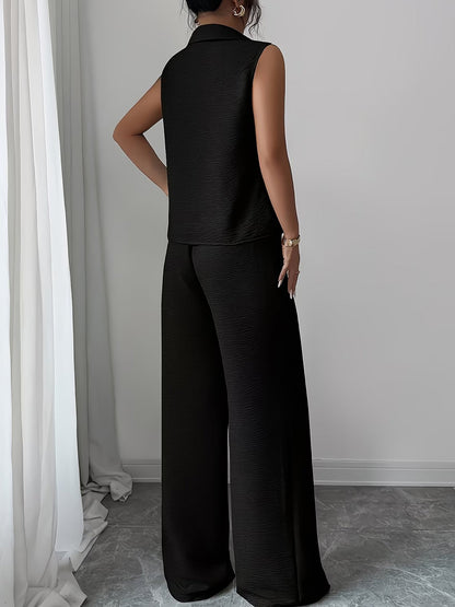 2 Pieces Collar Sleeveless Top & Loose Straight Leg Pants Matching Set