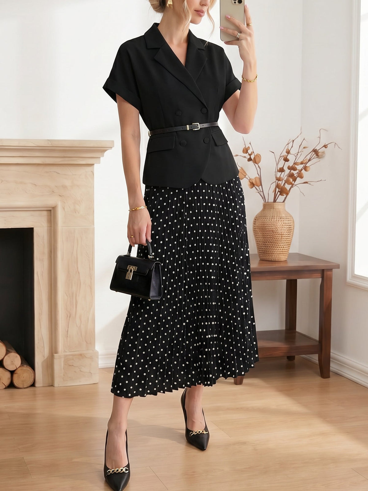 2 Pieces Notch Lapel Short Sleeves Belted Blazer & Polka Dot Pleated Skirt Matching Set