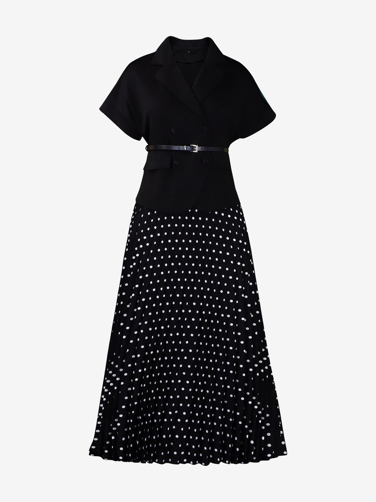 2 Pieces Notch Lapel Short Sleeves Belted Blazer & Polka Dot Pleated Skirt Matching Set