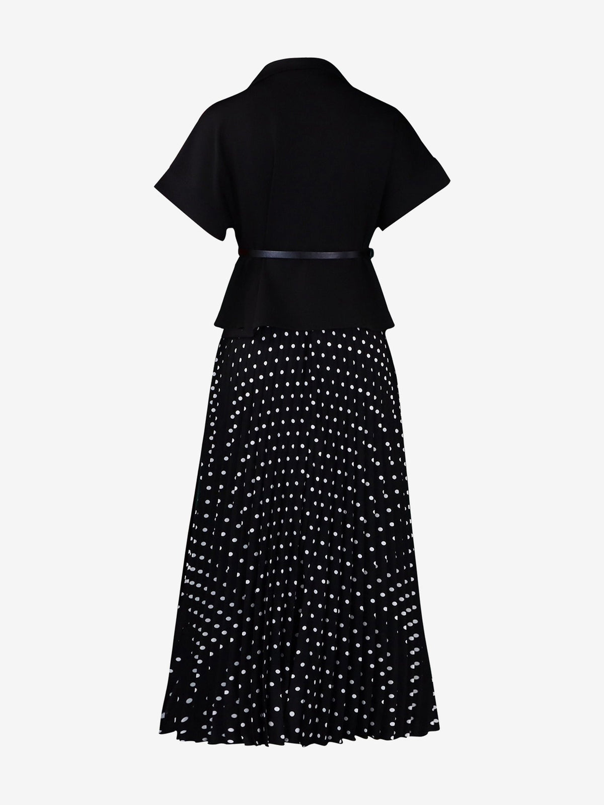 2 Pieces Notch Lapel Short Sleeves Belted Blazer & Polka Dot Pleated Skirt Matching Set