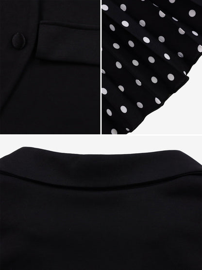 2 Pieces Notch Lapel Short Sleeves Belted Blazer & Polka Dot Pleated Skirt Matching Set