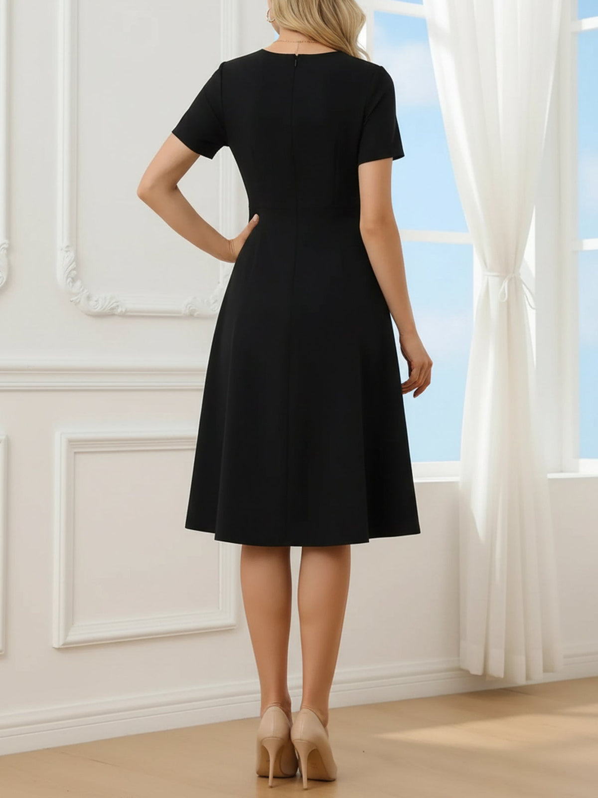 Round Neck Short Sleeves Zipper A-Line Midi Dress
