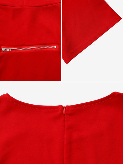 Round Neck Short Sleeves Zipper A-Line Midi Dress