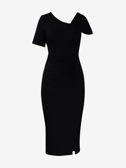 Elegant Solid Color Asymmetrical Neckline Fitted Waist Bodycon Dress