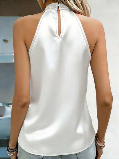Pearl-embellished Satin Halter Neck Sleeveless Top