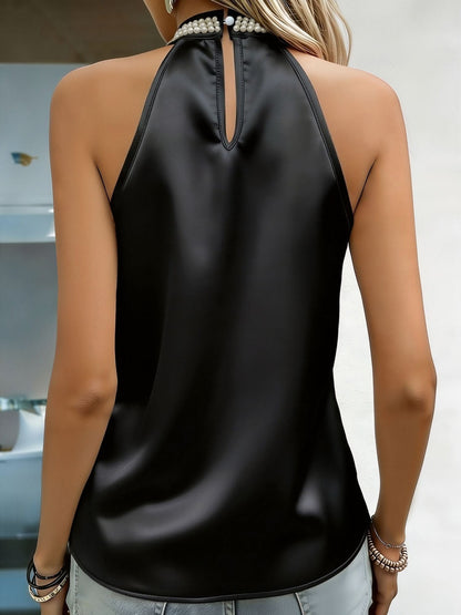 Pearl-embellished Satin Halter Neck Sleeveless Top