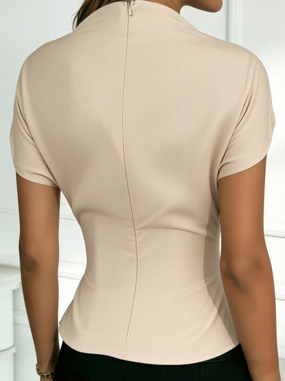 Mock Cowl Neck Cap Sleeves Pleated Work Blouse