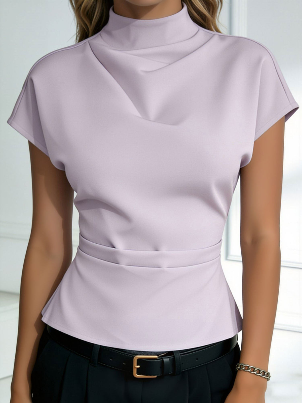 Mock Cowl Neck Cap Sleeves Pleated Work Blouse