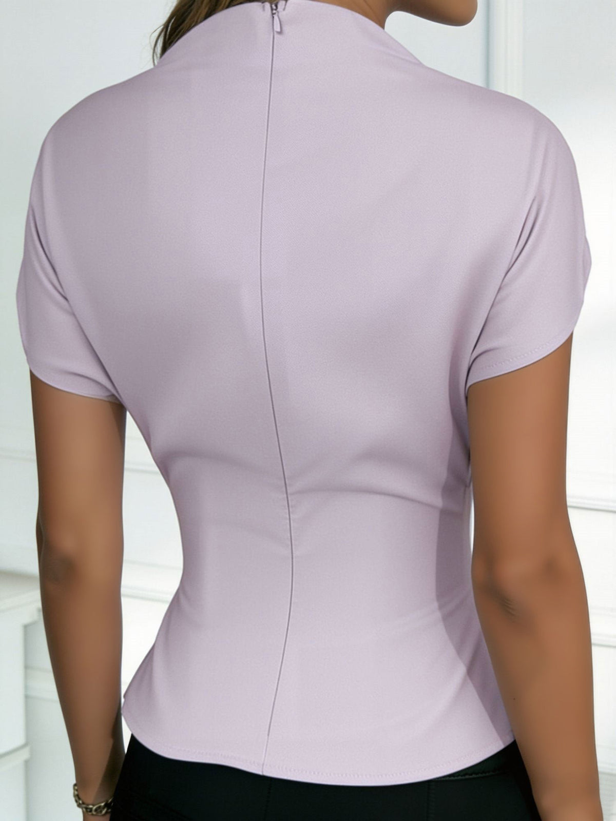 Mock Cowl Neck Cap Sleeves Pleated Work Blouse